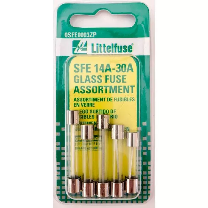 0201588 Littelfuse SFE 14A-30A Glass Fuse Assortment, 5-pk