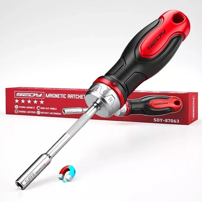 1/4″ Magnetic Ratcheting Screwdriver, Durable Bit Holding Screwdriver With Non-Slip Handle 220mm Long Multi Tip Screwdrivers Ratchet Bits Driver Ergonomic Cushion Grip For Garage & Daily Repair