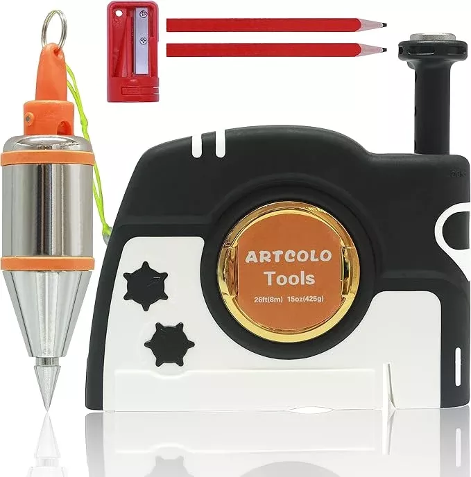 1 PCS Magnetic Plumb Bob Kit - 15 oz(425g) Plum Bob With 26 ft(8m) Automatic Stretching String,2 Pencils, Pencil Sharpener