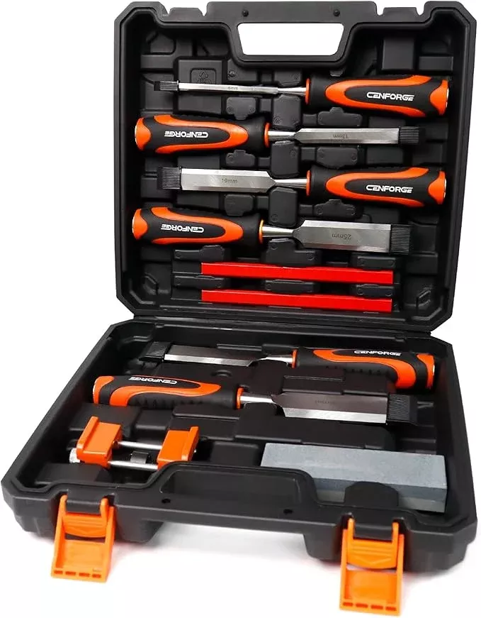 10-PC Wood Chisel Set, 6 Wood Chisels with 1 Honing Guide, 1 Sharpening Stone and 2 Carpenter Pencils, Wood Chisels for Woodworking, formones para carpintería