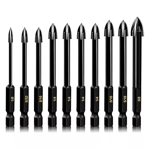 10-Piece Glass Concrete Drill Bit Set, Masonry Drill Bits for Brick, Plastic and Wood, Hex Shank Tungsten Carbide Tip Drilling Tools for Mirror and Ceramic Tile on Concrete and Brick Wall.