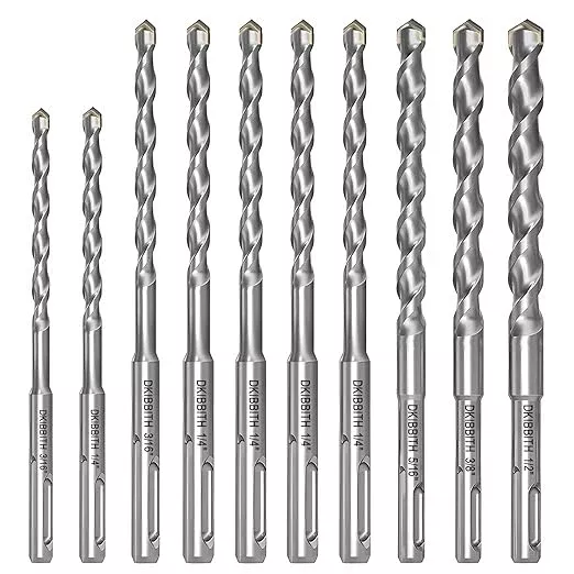 10-Piece SDS Plus Drill Bits Rotary Hammer Drill Bit Set, Carbide Tipped for Drilling Concrete Cement Porcelain Tiles Ceramic Pots Stone Brick, Dia 3/16" 1/4" 5/16" 3/8" 1/2"