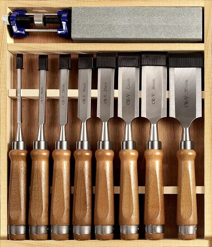 10 Pieces Wood Chisel Set, 1/4"~2" Woodworking Chisel Kit with Sharp CR-V 60 Steel Blades, Wooden Box, Honing Guide, Sharpening Stone for Carpenter Craftsman Woodworker