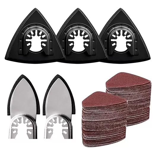 105PCS Oscillating Tool Detail Sanding Pads Kit, 3Pcs Triangle and 2Pcs Finger Sanding Pad, 100Pcs Multitool Sandpaper, Grit Fit for Finishing Wood Sanding Plaster