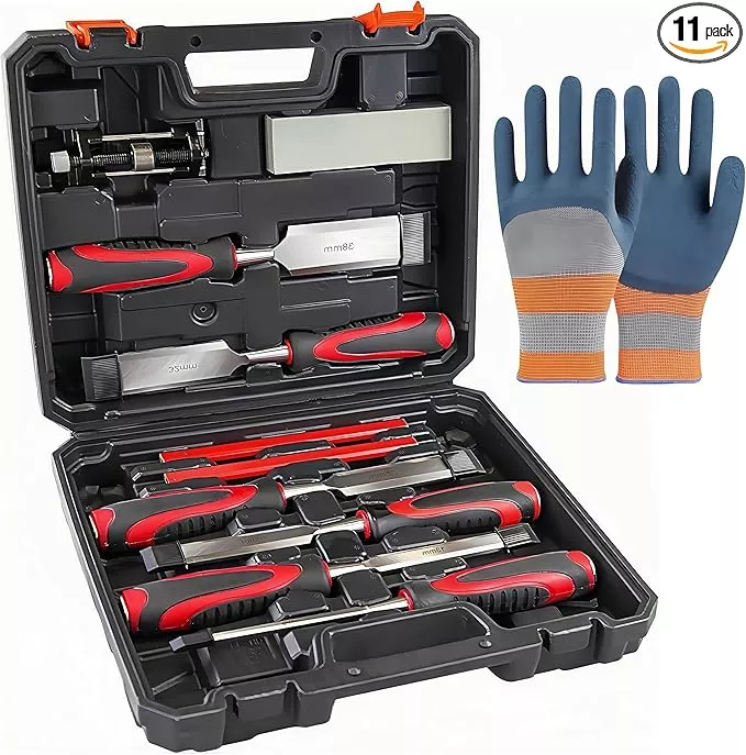 11 Piece Wood Chisels for Woodworking,Wood Chisel Sets Woodworking Tools Setwith Honing Guide, Sharpening Stone and Storage Case