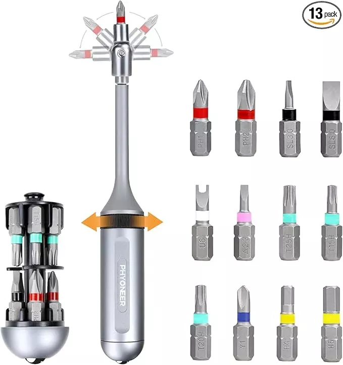 13-in-1 Ratcheting Screwdriver Set with 12 S2 Driver Bits, Direction Converter, and Magnetic Storage - Durable Aerospace Aluminum Handle for Household and Automotive Use.