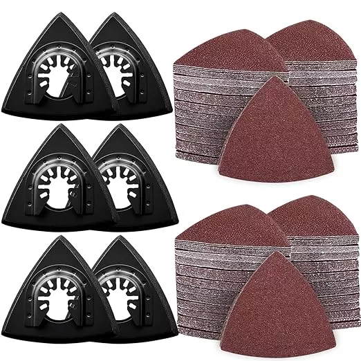 136Pcs Oscillating Tool Sanding Pad Kit, Contains 6Pcs Triangle Sanding Pads and 130Pcs Multitool Sandpaper, 60 80 100 120 240 Grits Oscillating Multi Tool Sandpaper Great for Wood&Plaster Polishing