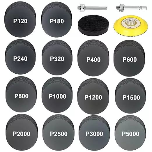 140Pcs 3 Inch Wet Dry Sanding Discs, Assorted 120 to 5000 Grit Silicon Carbide Hook & Loop Sandpaper with 1/4" Shank Sanding Pads and Foam Buffering Pad for Wood Metal Car Polishing & Finishing