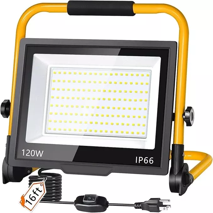 14400LM LED Work Light, 120W Flood Light with 16FT Cord & Switch, Portable Worklight with Stand, 5000K IP66 Waterproof Construction Lighting for Job Site Repairing Workshop Garage