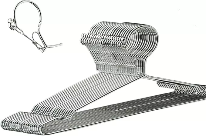 16.5” Wire Hanger 4mm Lockable Hangers 20Pack Stainless Steel Slim Thin Heavy Duty Windproof Lock Hook Metal Space Saving Clothes Hotel Hangers for RV Silver (20)