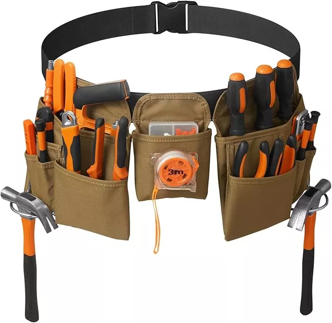 19 Pocket Tool Belts with Quick Release Buckle, Adjustable Utility Belt,Work Apron for Men and Women,for Garden,Electrician,Carpenter,Construction,Gifts(Khaki)