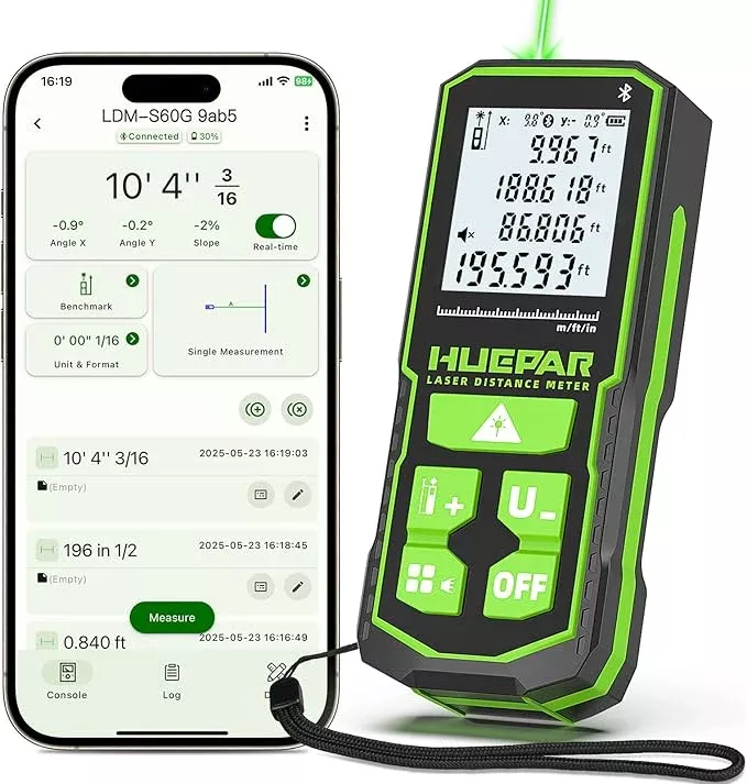 200ft Laser Measuing Tool with Bluetooth APP, Huepar Rechargeable Green Beam Laser Distance Meter ±1/16" High Accuracy, Multiple Measurement Modes, IP54 Durable for Home & Construction