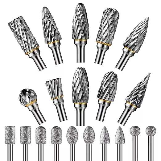 20pcs Carving Bits,10pcs Carbide Burr Bits+10pcs Diamond Drill Bits(1/8 in) Standard Cylindrical Shank for Woodworking,Engraving,Drilling,Glass,Metal,Rotary Tool Accessories