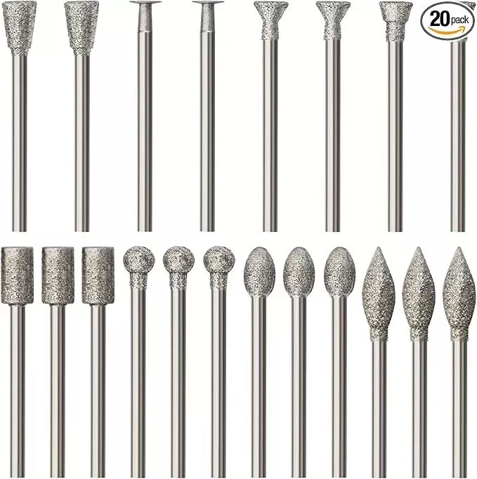 20PCS Stone Carving Set Diamond Burr Bits, HOMEIDOL Diamond Grinding Bits Suitable for Dremel, Polishing Kits Rotary Tools Accessories with 1/8" Shank for Carving, Engraving, Grinding, Stone, Glass