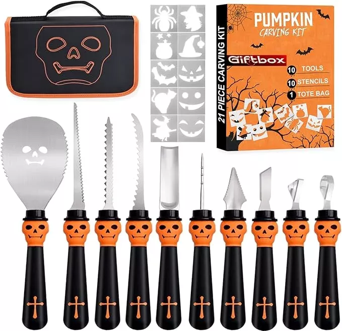 21 Pieces Comfort Grip Pumpkin Carving Kit with Gift Box and Carrying Case Heavy Duty Stainless Steel Pumpkin Carver Tools Pumpkin Sculpting Set and 10 Stencils for Halloween Jack-O-Lanterns (ORANGE)