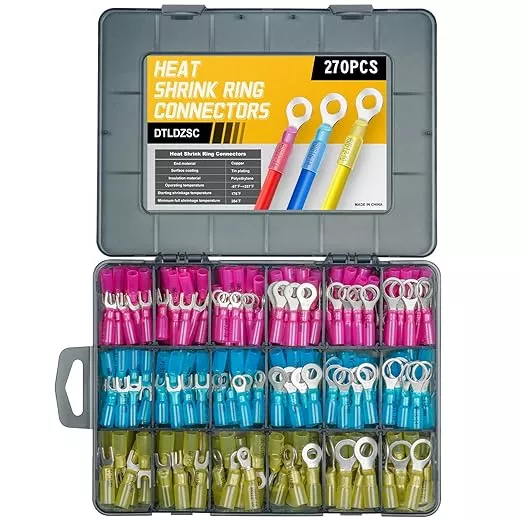 270PCS Marine Grade Heat Shrink Wire Connectors-Electrical Connectors Kit of Tinned Red Copper,Crimp Insulated Ring Fork Spade Butt Splice AWG22-16 16-14 12-10 Gauge (270Pcs Kit, AWG 22-10)