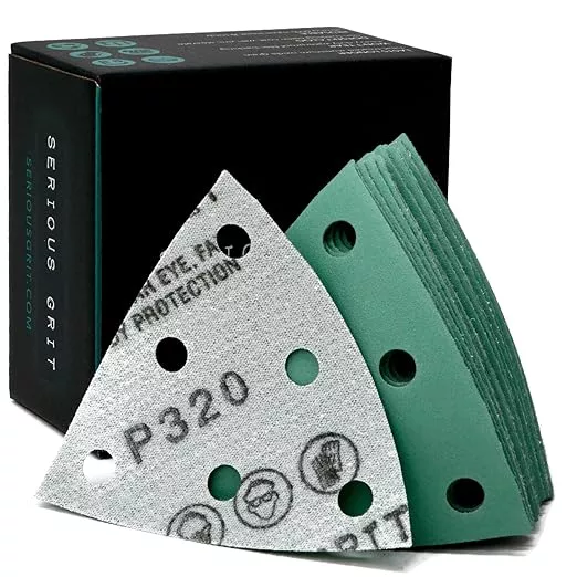 3.5" (93mm) 6-Hole 320 Grit Triangle Sanding Sheets - Fits Festool Rotex RO 90 Delta - Heavy-Duty Hook & Loop Film Disc Abrasives - Sandpaper for Detail Sanders - 50 Pack Box