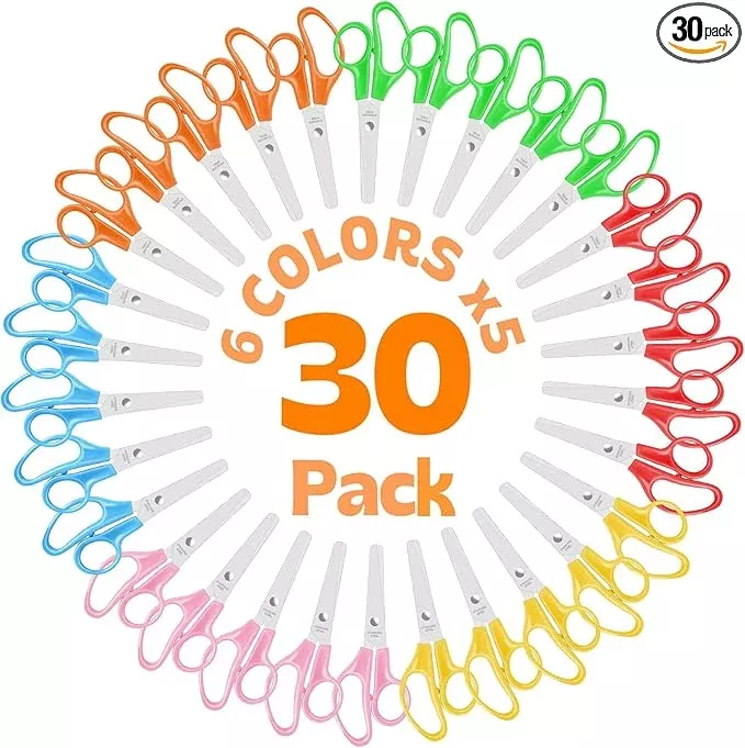 30 Pack Kids Scissors, 5" Scissors for School Classroom, Right & Left Handed Scissor with Comfort Grip Blunt Tip Scissor for Kids School Supplies for Student Teacher, Assorted Colors