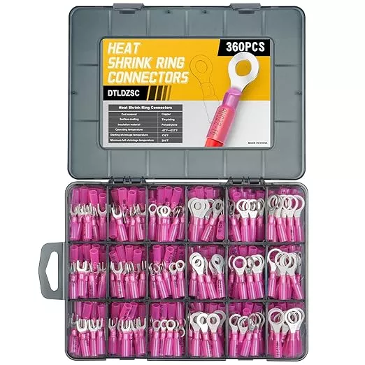 360PCS Marine Grade Heat Shrink Wire Connectors-Electrical Connectors Kit of Tinned Red Copper,Crimp Insulated Ring Fork Spade Butt Splice AWG22-16 Gauge (360pcs Red, AWG 22-16)