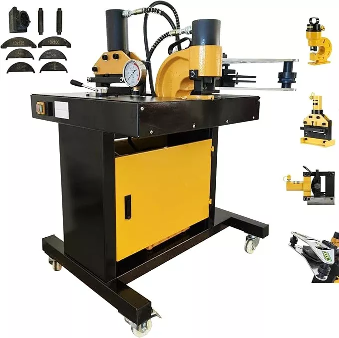 4 in 1 Electric Hydraulic Busbar Processor Busbar Bender Cutter/Hole Puncher/Flat Bending/Vertical Bending Cutting Punching Bending Machine for Iron, Copper, Aluminum 110V