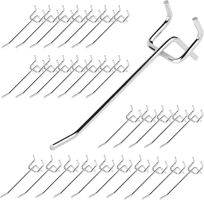 40Pcs 4" /100mm Stainless Steel Pegboard Display Hooks Bulk Set, Silver Garage Organization Peg Wall Hook Metal Slatwall Panel Hook Fit 1/8 and 1/4 Inch Pegboard for Retail