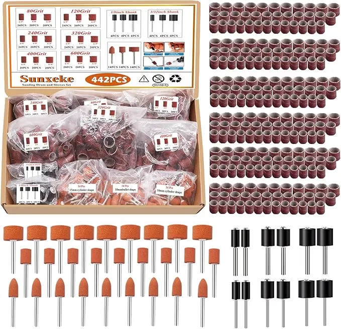 442 Pieces Sanding Drums Kit for Dremel Rotary Tool,Drum Sander Sleeves 376pcs (80 120 240 320 400 600Grit),24Pcs Drum Mandrels and 42 Sanding Bits,Sanding Bits Tool Accessories with Box