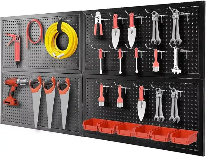 48x24 Inch Metal Pegboard Wall Organizer, Black Pegboard Panels Tool Organizer Kit with Accessories Hooks and Bins, Peg Board Utility Tool Storage for Garage Workbench Shed