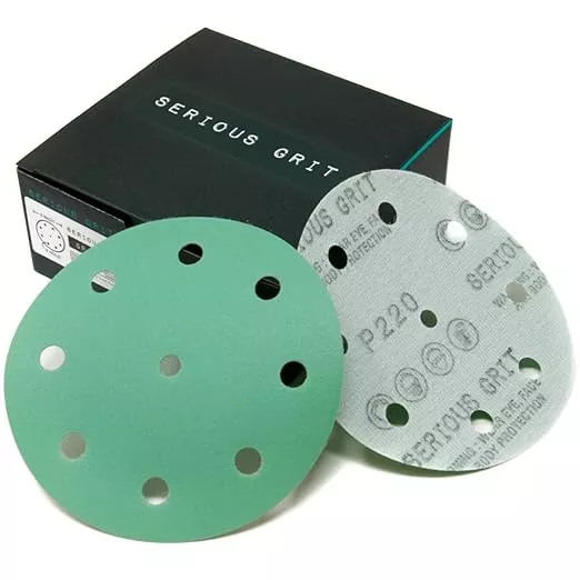 5-Inch 9-Hole 220 Grit Sanding Discs - Heavy-Duty Hook & Loop Film Discs - Sandpaper for Random Orbital Sanders - 50 Pack Box