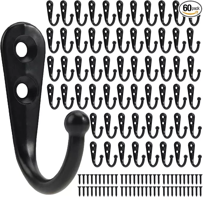 60 Pack Wall Hooks for Hanging, Heavy Duty Small Coat Hooks Wall Mounted for Living Room, Bathroom, Kitchen, Bedroom for Key, Cup, Bag, Hat, Scarf, and More (Black)