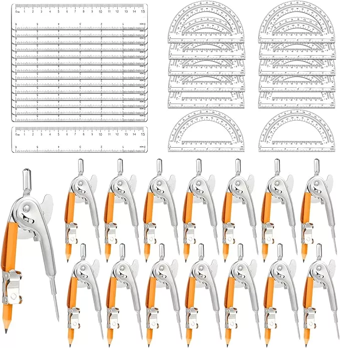 60 Pieces Geometry Math Set Compass for Geometry Math Compass and Protractor Set Include Metal Compass with Pencil Plastic Ruler and Protractor for Student School Office Woodworking Drawing Tools