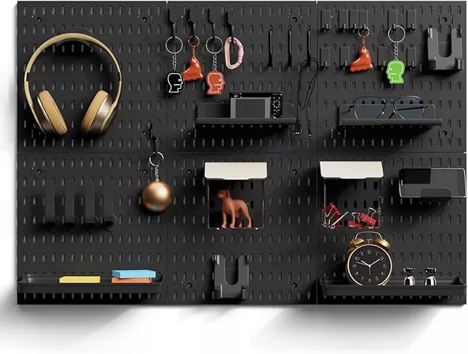 6Pcs Black Peg Board Wall Organizer, Plastic Pegboard Panel, Garage Storage Tool Organizer for Wall, Craft Room, Kitchen, Workshop, Office, Includes Hooks and Bins