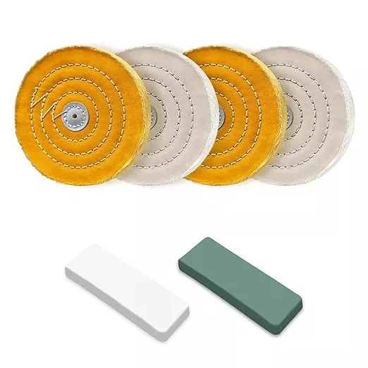 6pcs Buffing Wheel Kit Includes 4pcs 6 Inch Polishing Pads and 2pcs Polishing Compounds, for Bench Grinder for Jewelry, Metal, Wood, Jade, Stainless Steel, Glass, Plastic, Stone Polish