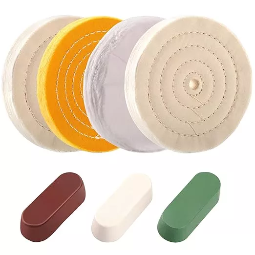 7PCS 6 Inch Polishing Wheels Kit for Bench Grinder, Include 1/2" Arbor Hole 2 White Cotton Polish Wheels(70Ply), Yellow Cotton Wheel(42Ply), Soft Flannel Buffing Wheel(30Ply)& 3 Polishing Compound Set