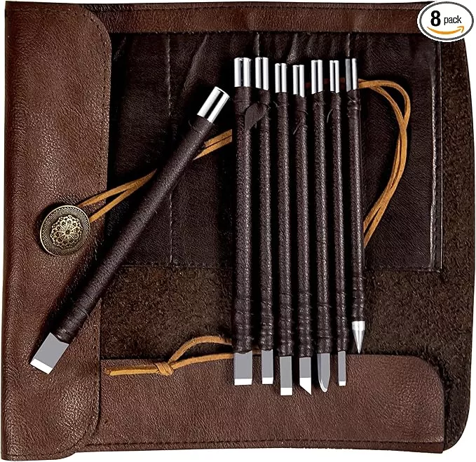 8 Pcs Tungsten Steel Chisel, Metal Engraving Tools, Chisel Set with Leather Sheath for Woodworking, Seal and Bamboo Carving