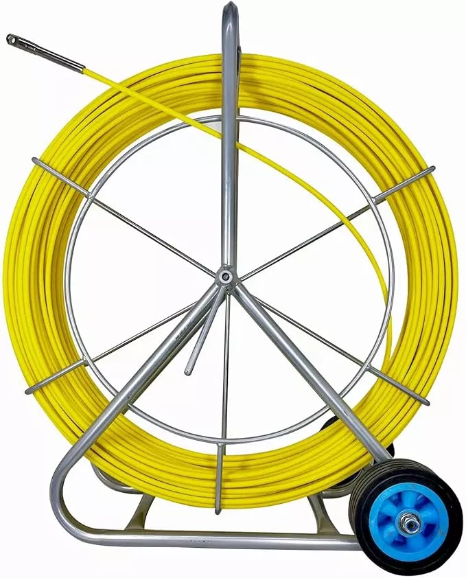 8MM 150M Fiberglass Duct Rodder Conduit Fish Tape Cable Puller Electrical Wire Puller Fiberglass Running Rod Wheel with Cage