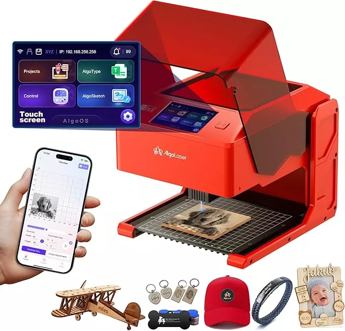 AlgoLaser 5W Laser Engraver Machine: Portable & Smart with 3.5" Touch Screen, Hand Drawing/Wireless/SD Card/Offline Engraving, AlgoOS 2.0 Self Developed System for Wood, Acrylic, Leather