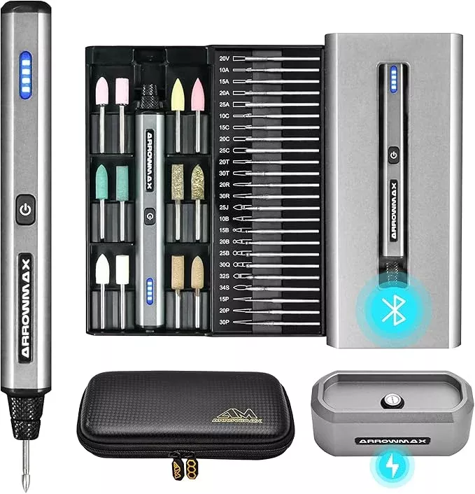 AM ARROWMAX Electric Mini Engraving Pen with 36 Bits, Aluminum Case, APP, Wireless Magnetic Charger, Tool Bag, Cordless Rotary Tool，Engraving Pen for Metal, Wood, Glass and Plastic (SGS Mini Plus)