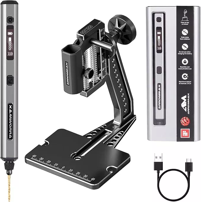 AM ARROWMAX Mini Electric Drill Pen with Benchtop Press, 5-Speed, 10 Small Drill Bits with Aluminium Box, LED Lights, OLED Display, Resin Drill Set For Jewelry Making, Plastic, Wood (SDS PLUS)