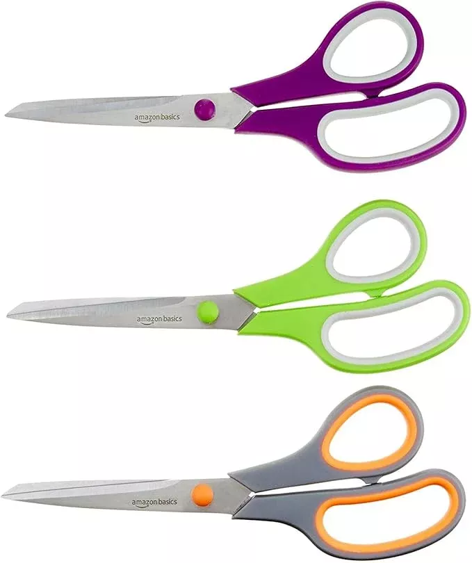 Amazon Basics Stainless Steel Scissors for Office, Crafts, Multipurpose, Sharp, Comfort Grip, PVD Coated, 2 Pack, Green and Grey