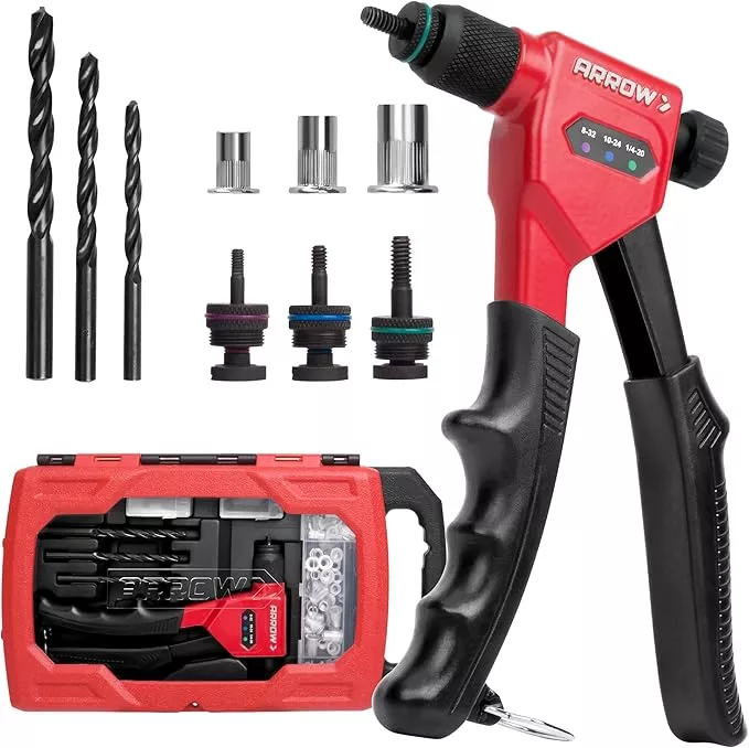Arrow Rivet Nut Tool, 8" Rivet Nut Gun Kit Designed for Tight Space, Rivet Nut Setter with 3 Pcs Mandrels (8-32, 10-24, 1/4-20), 75 Pcs Rivnuts and 3 Pcs Drills, Sturdy Case Packed