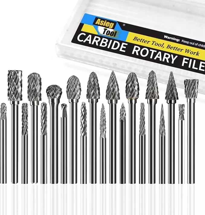 Asieg Tool 20 Pcs Carbide Die Grinder Burrs Bits 1/8" Shank for Dremel Milwaukee Metal Grinding Wood Stone Steel Carving Cutting Engraving Grinder Kit Attachment Rotary Tool Accessories Sets
