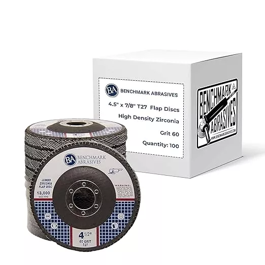 Benchmark Abrasives 4.5" x 7/8" Premium High Density Jumbo Zirconia Type 27 Flap Discs 4 1/2 for Angle Grinder, Sanding Discs, Finishing - Grinding Wheels 4 1/2 inch - (100 Pack) - 60 Grit