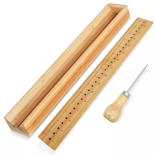 Book Binding Cradle, Wood Bookbinding Punching Cradle with an Awl, Bamboo Signature Punching Cradle with Piercing Guide 10 mm Hole Spacing, Portable Book Binding Tools Kits for Book DIY Crafts
