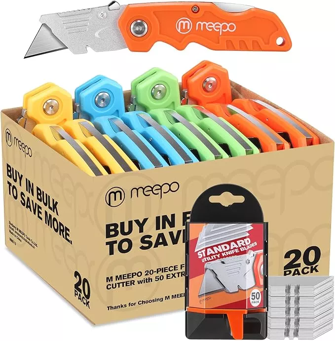 Box Cutter, 20-Pack Tough Folding Box Cutter Bulk for Heavy Duty Purpose, Razor Sharp Utility Knife Bulk, with Extra 50-Piece Blades, Can cut Drywall, Sheet Plastic, Linoleum, Boxes, Rope