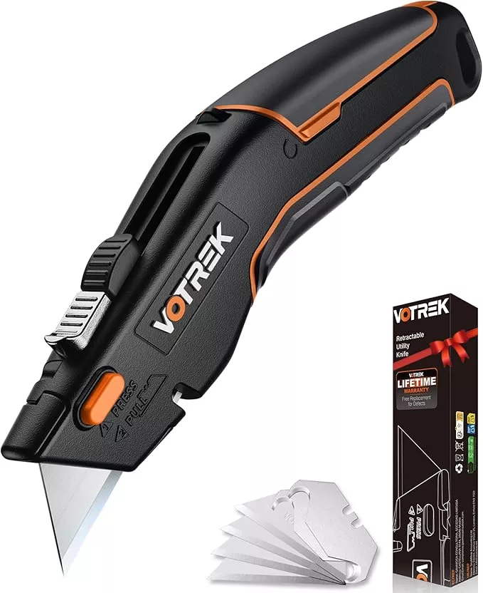 Box Cutter Utility Knife, [2-in-1] Retractable Box Cutter, Safety Heavy Duty Sharp Razor Knife for Home & Warehouse Cardboard, Carpet, Blade Storage, with Extra Razor & Hook Blades (Orange)