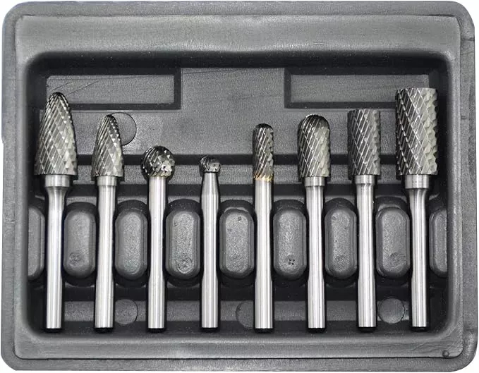 Carbide Burr Set 8pcs with 1/4''Shank Double Cut Solid Power Tools Tungsten Carbide Rotary Files Bits for Die Grinder Metal Wood Carving Engraving Polishing Drilling Grinding Milling Cutting
