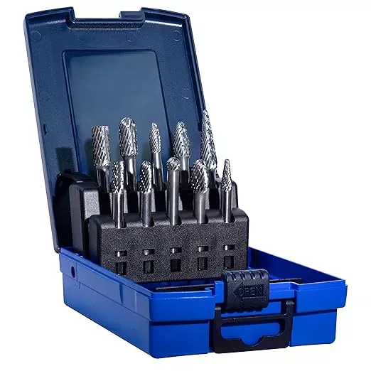 Carbide Burr Set,Tungsten Carbide Cutting Tools, Double Cut Rotary Files 1/4" Shank 10PCS Carbide Burr Bits High-Speed Spiral Fils for Metal, Plastic, Woodworking