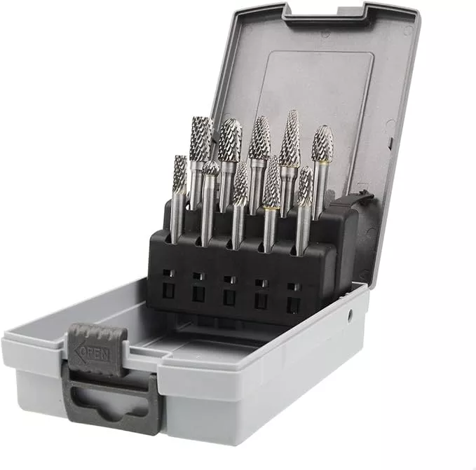 Carbide Burrs Set 1/4 Inch Shank Double Cut Solid Carbide Rotary Burr Set for Die Grinder Drill, Metal Carving, Polishing, Engraving, Drilling(10pcs)