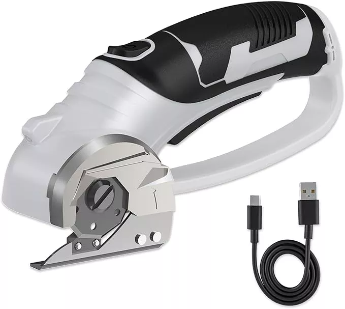 Cordless Electric Scissors, 4V Box Cutter & Cardboard Cutter with Upgrade Blade, LED Light, Safety Lock - Rechargeable Rotary Cutter for Fabric, Leather, Plastic, Crafting, Sewing, Industrial (Yellow)