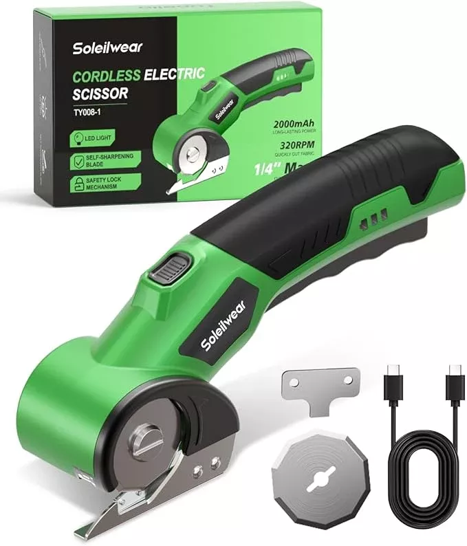 Cordless Electric Scissors, Rechargeable Cardboard Cutter, 4V Upgrade Motor Electric Box Cutter with 2 Blades, Safety Lock & LED Light, Powerful Cutting for Cardboard Box, Plastic, Leather